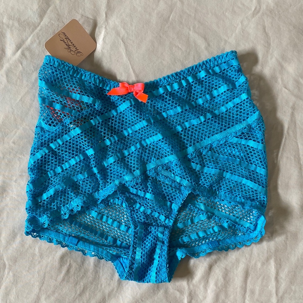 Agent Provocateur Bright Blue Lace High-Waist Boyshorts with Neon Bow